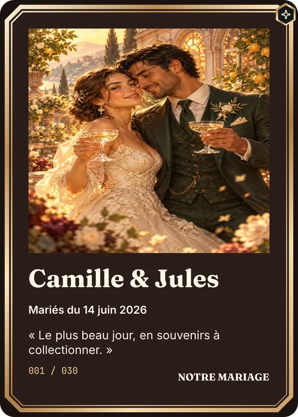 Exemple fictif de carte souvenir de mariage, Camille et Jules